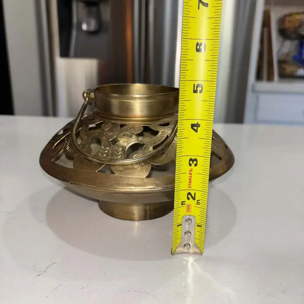 Vintage Hand-Etched Brass Tea Light Holder with Reticulated Floral Design